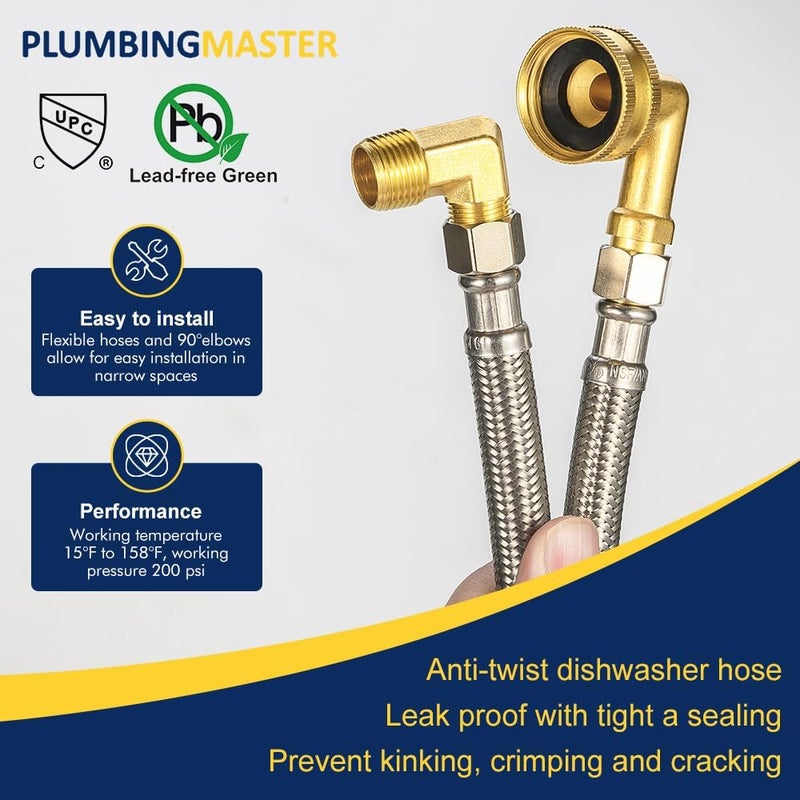 PLUMBINGMASTER 6FT Dishwasher Hose with Elbow – Stainless Steel Braided Supply Line, 3/8" Compression to 3/8" Elbow, Universal Fit, Burst Proof, NSF/Lead-Free Certified, 10-Year Warranty - Image 5